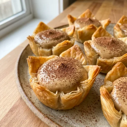 A white bowl filled with whipped coffee cream next to empty baked phyllo shells.