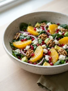 A bright, colorful pomegranate orange salad with feta in a shallow white serving bowl.