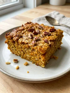 A square piece of pumpkin baked oatmeal on a small white plate, garnished with nuts.