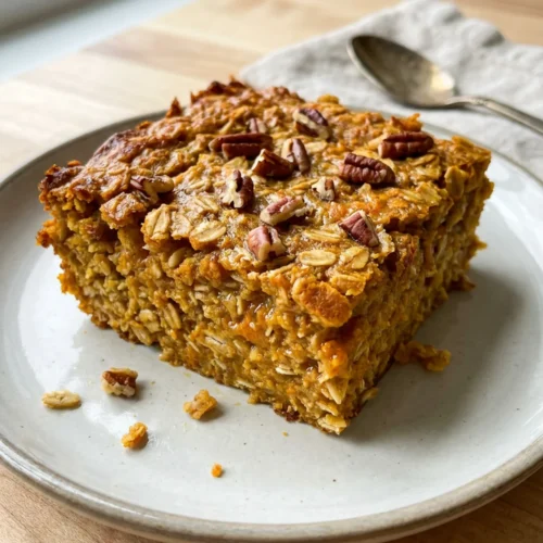 A square piece of pumpkin baked oatmeal on a small white plate, garnished with nuts.
