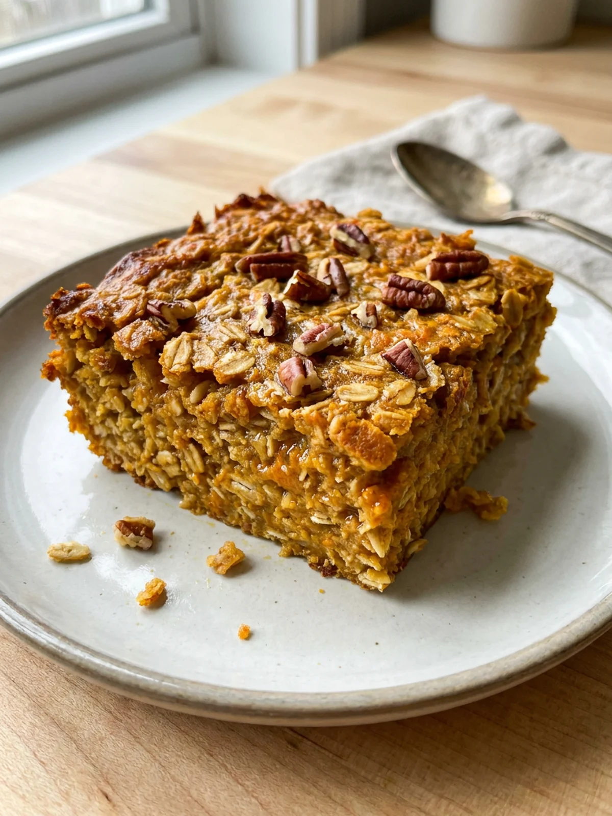 A square piece of pumpkin baked oatmeal on a small white plate, garnished with nuts.