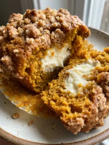 A dozen pumpkin cream cheese muffins arranged on a rustic wooden board.