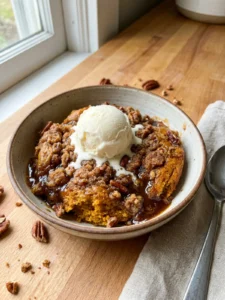 A serving of pumpkin pecan cobbler in a bowl, showing the light cake and dark sauce.