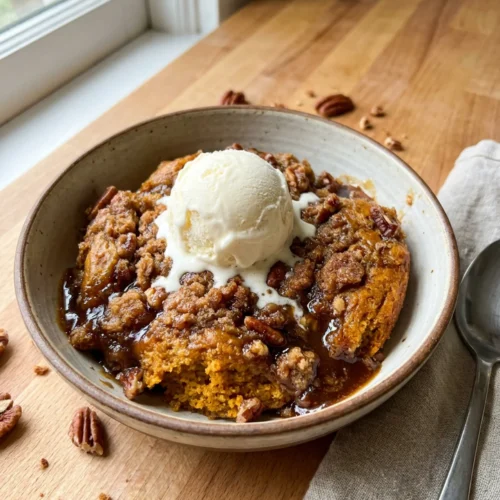 A serving of pumpkin pecan cobbler in a bowl, showing the light cake and dark sauce.