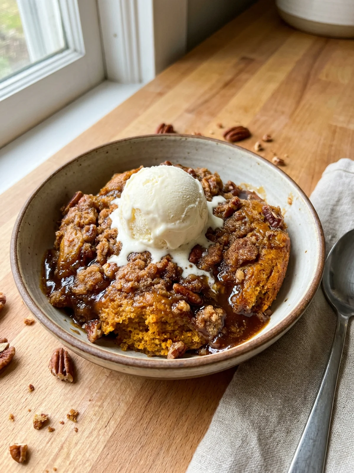 A serving of pumpkin pecan cobbler in a bowl, showing the light cake and dark sauce.
