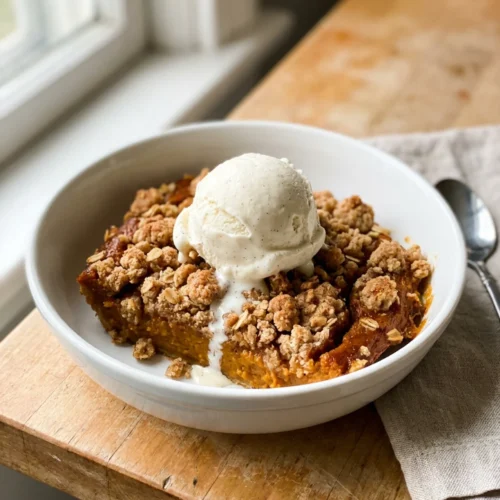 Close-up shot of a spoonful of pumpkin pie crisp with a golden brown topping.