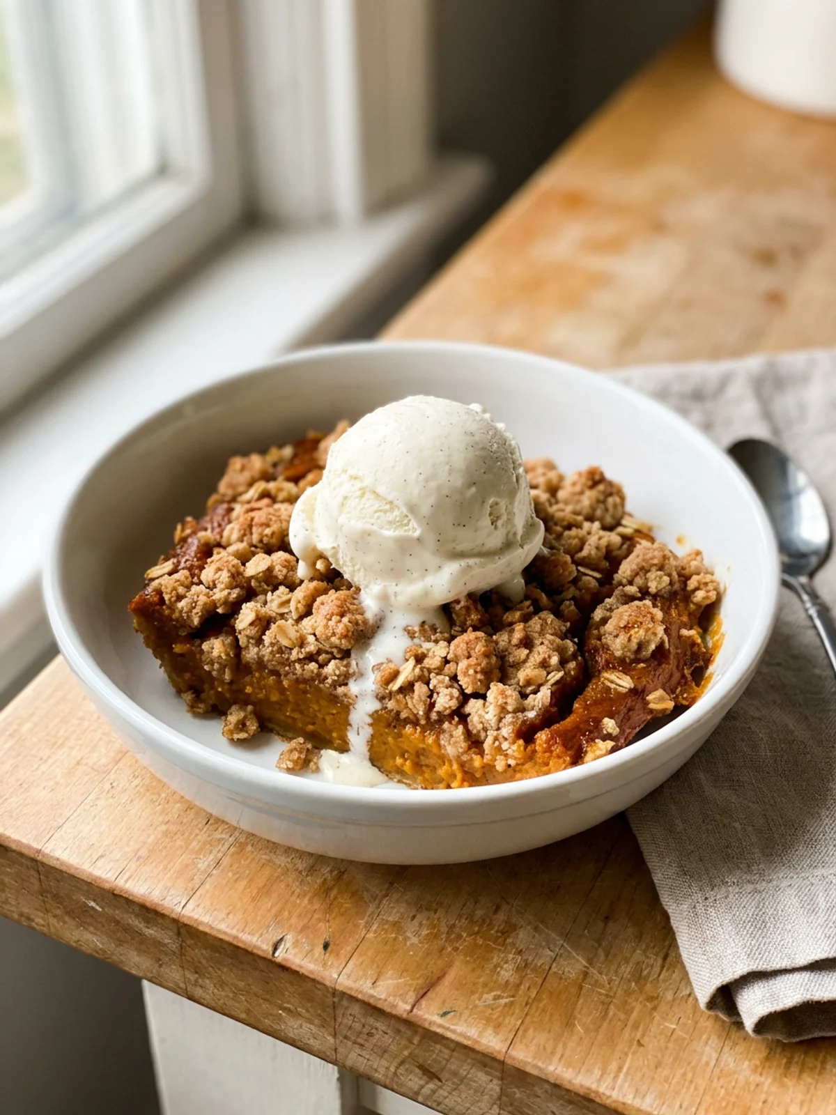 Close-up shot of a spoonful of pumpkin pie crisp with a golden brown topping.