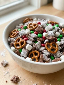 Close-up of a large bowl of reindeer chow, highlighting the mix of textures.