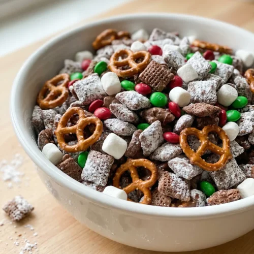 Close-up of a large bowl of reindeer chow, highlighting the mix of textures.