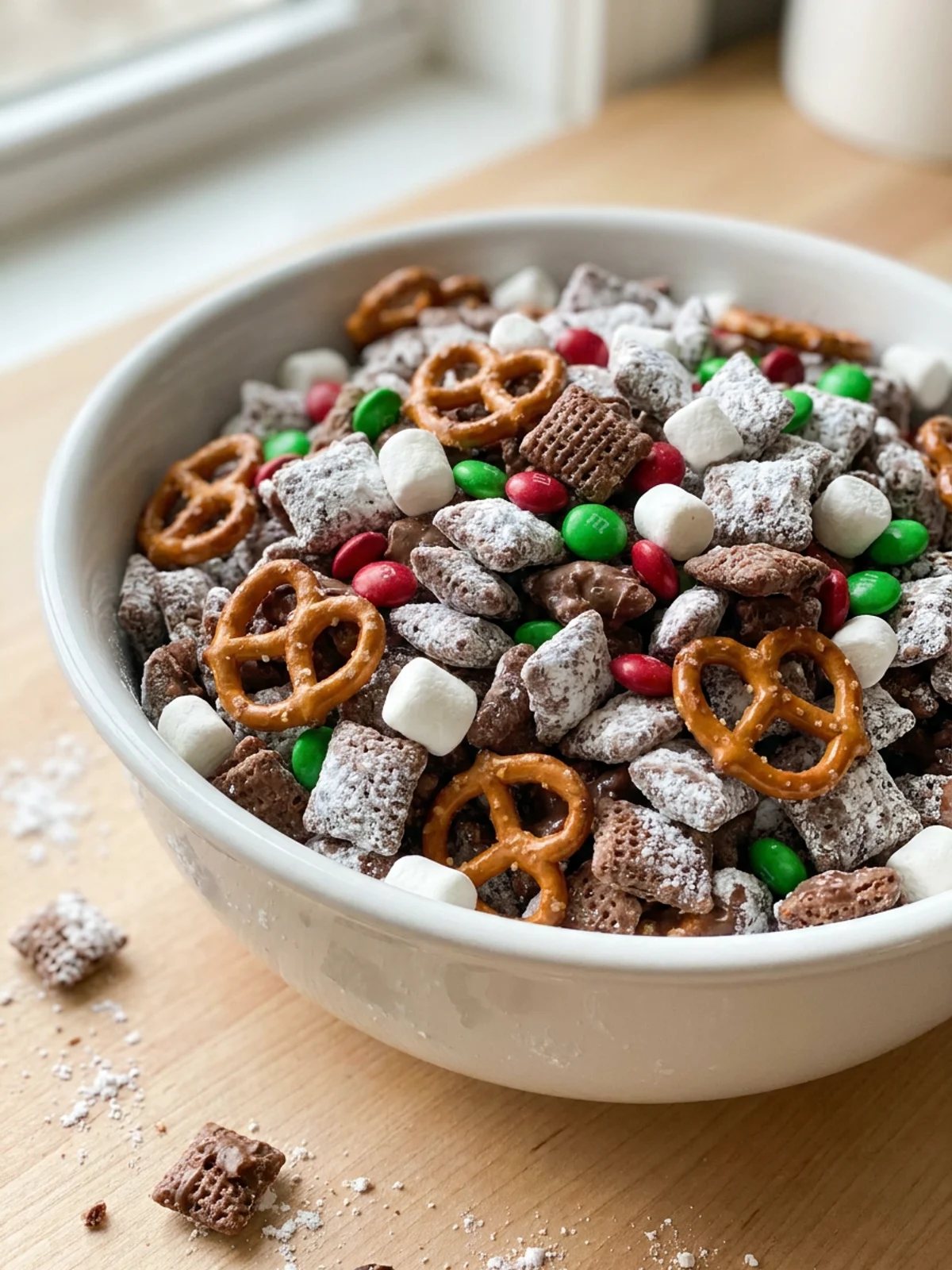 Close-up of a large bowl of reindeer chow, highlighting the mix of textures.