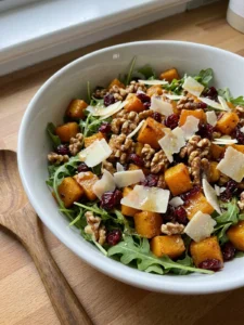 A large salad bowl filled with arugula, squash, and parmesan, with a vinaigrette bottle nearby.