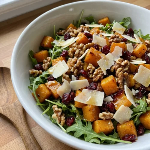 A large salad bowl filled with arugula, squash, and parmesan, with a vinaigrette bottle nearby.