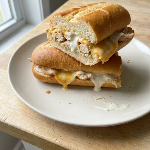 A baked rotisserie chicken sandwich on a plate, cut open to show the cheesy filling.