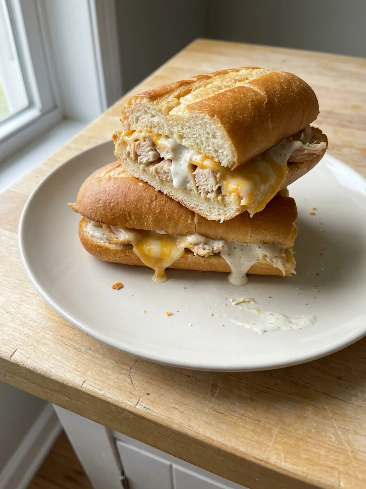A baked rotisserie chicken sandwich on a plate, cut open to show the cheesy filling.