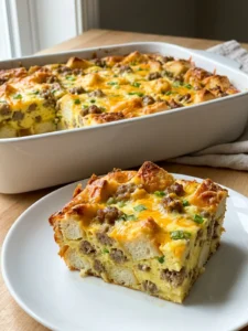 A square slice of sausage breakfast casserole on a white plate, garnished with green onions.