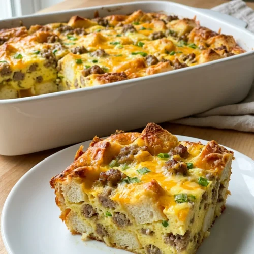 A square slice of sausage breakfast casserole on a white plate, garnished with green onions.