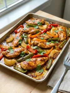 A finished sheet pan of roasted chicken fajitas with colorful bell peppers.