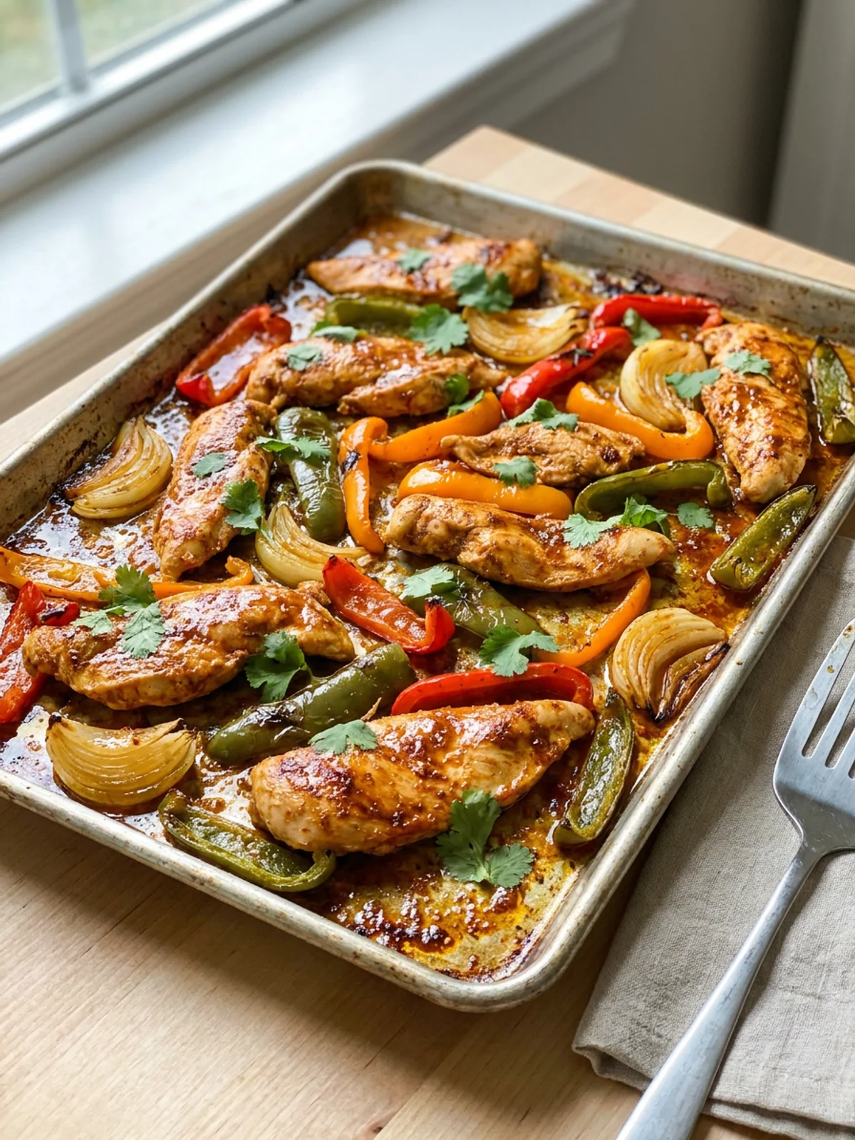 A finished sheet pan of roasted chicken fajitas with colorful bell peppers.