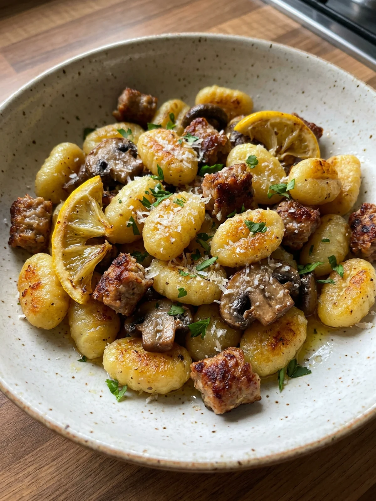 A close-up of a forkful of sheet pan sausage gnocchi with parmesan cheese.