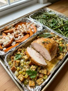 A white plate holding a complete serving of sheet pan Thanksgiving dinner.