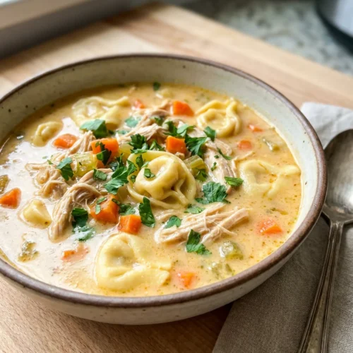 A finished bowl of chicken tortellini soup, showing the creamy broth and vegetables.