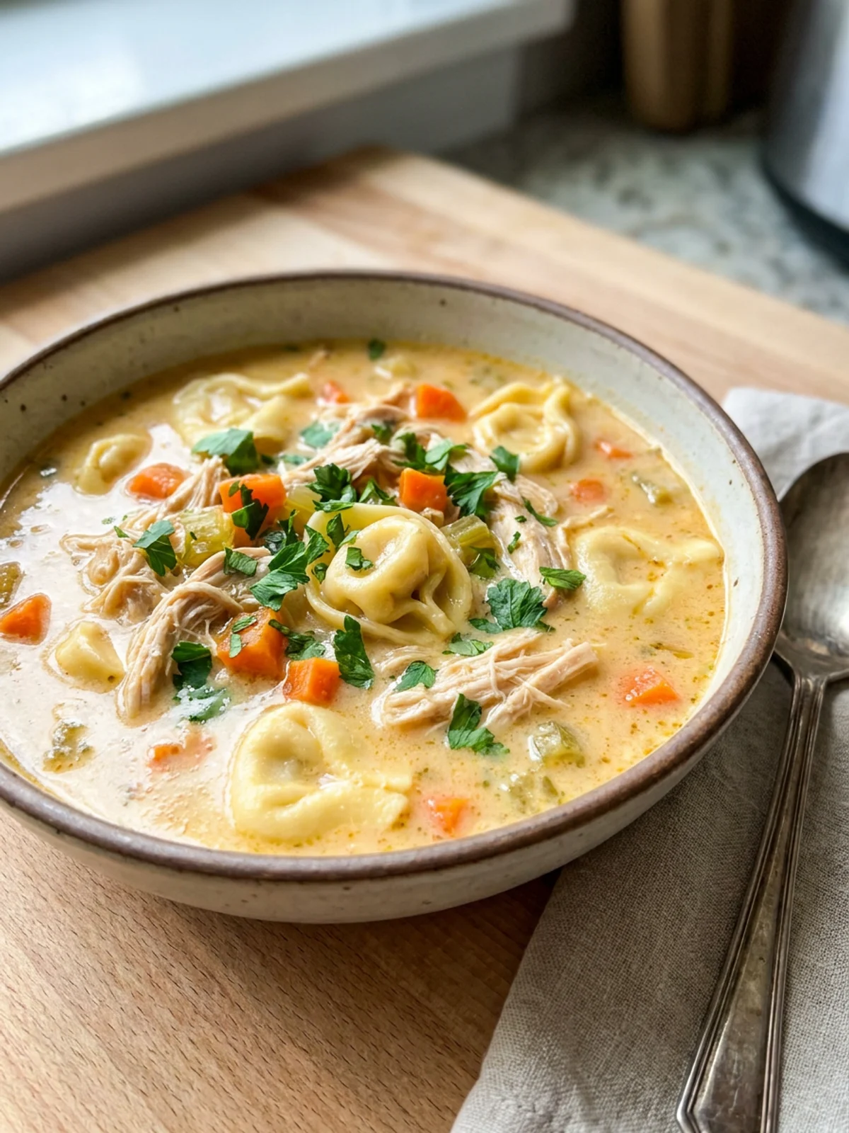 A finished bowl of chicken tortellini soup, showing the creamy broth and vegetables.