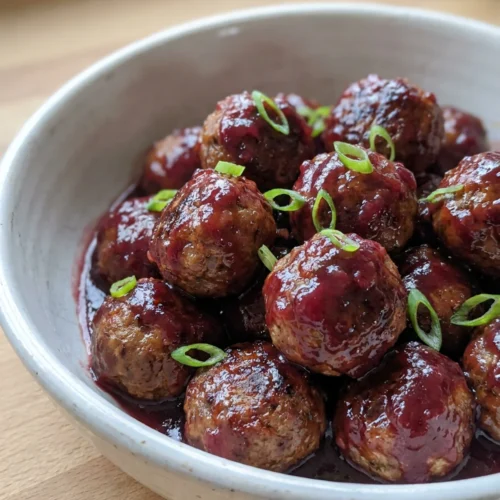 A white ceramic bowl filled with slow cooker cranberry meatballs with green onion garnish.