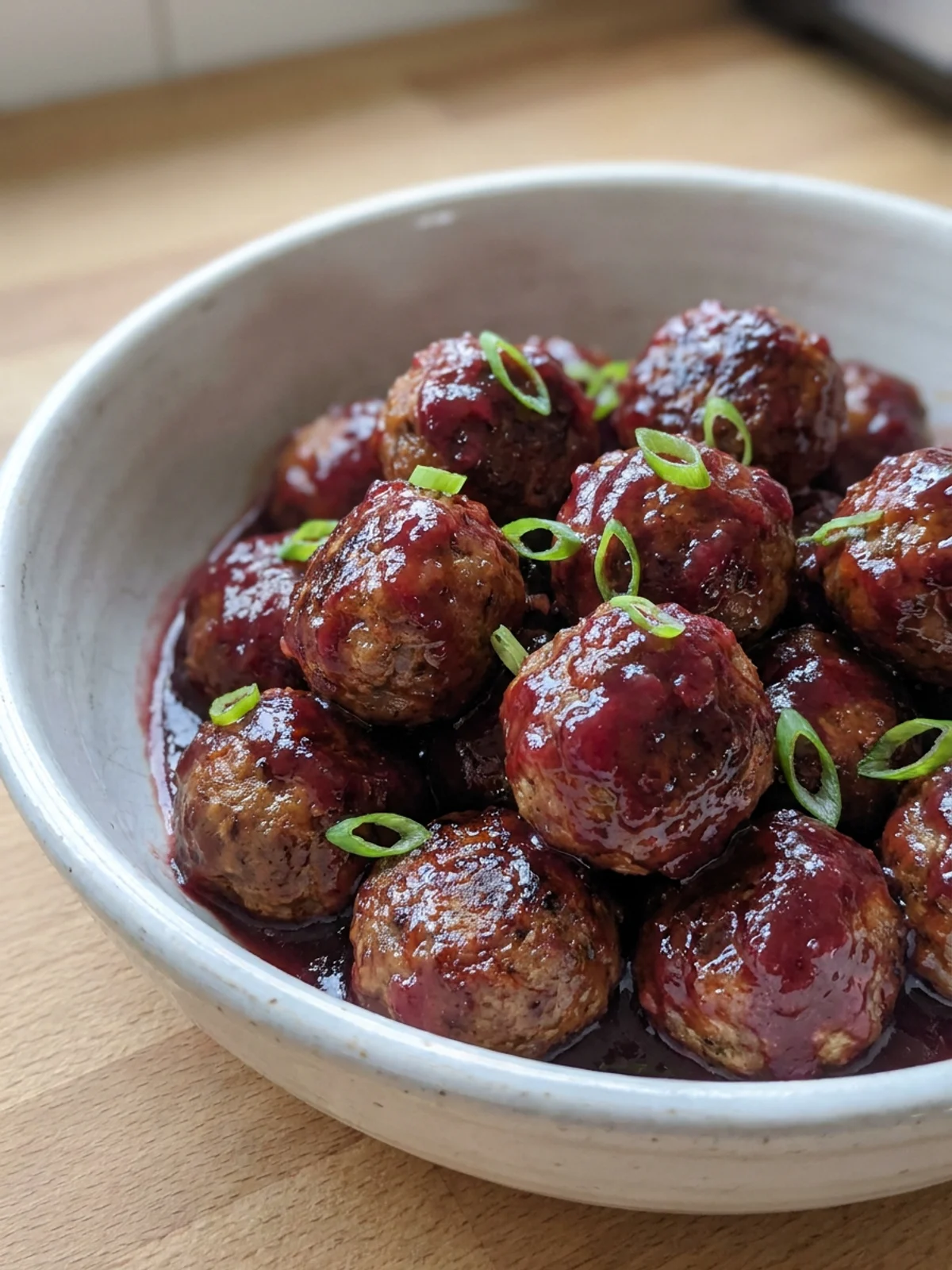 A white ceramic bowl filled with slow cooker cranberry meatballs with green onion garnish.