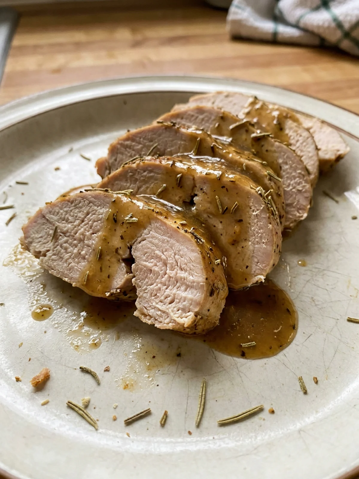 A white plate with sliced turkey tenderloin, drizzled with pan sauce and garnished with parsley.