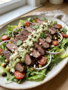 A large salad with sliced steak, avocado, and tomatoes on a white platter.
