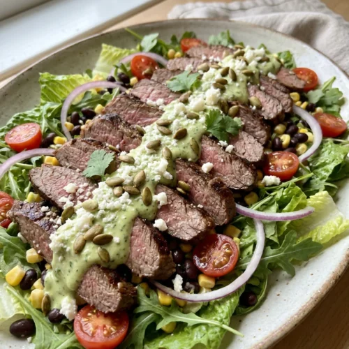 A large salad with sliced steak, avocado, and tomatoes on a white platter.