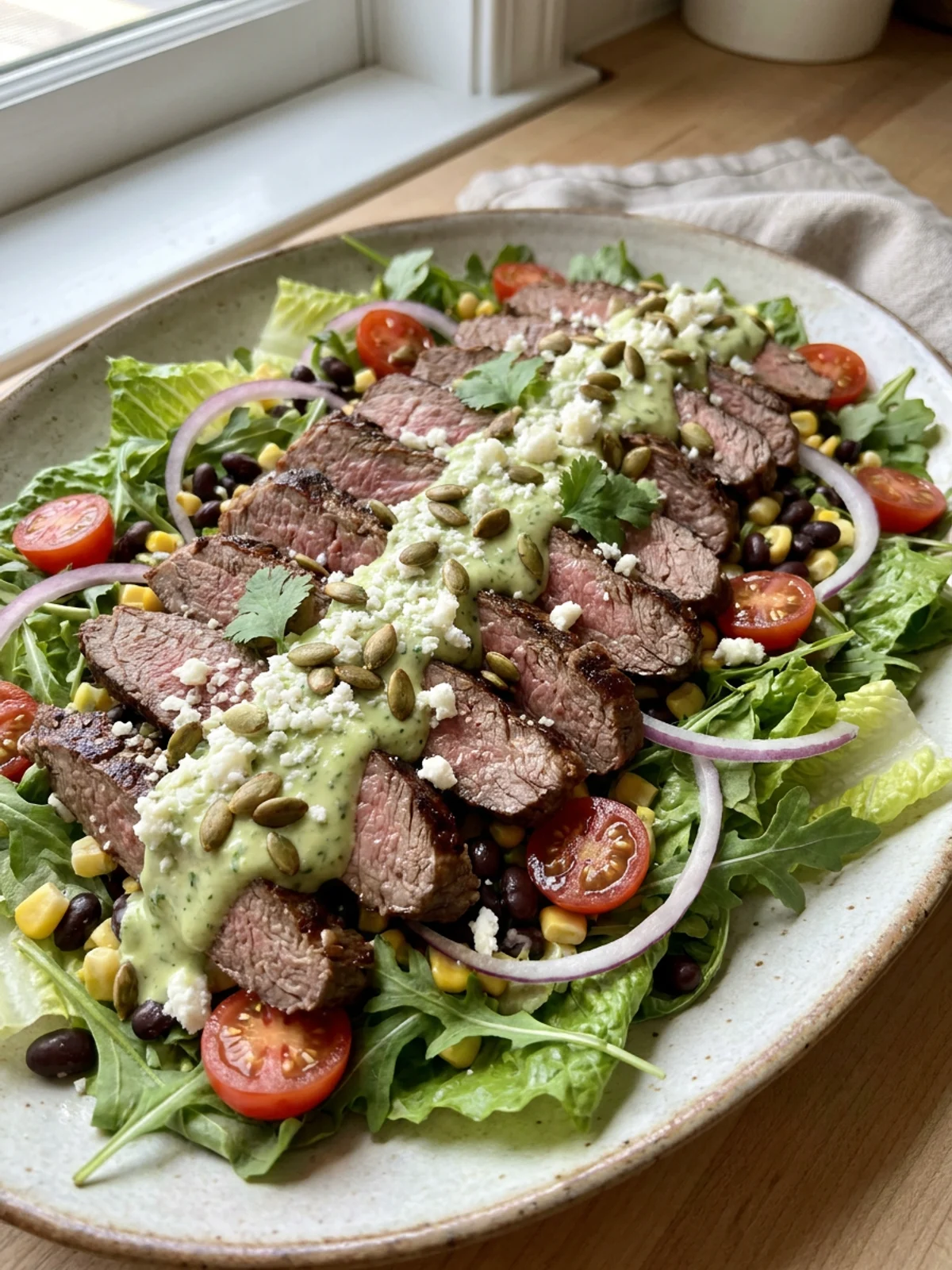 A large salad with sliced steak, avocado, and tomatoes on a white platter.