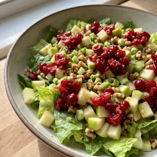 A close-up of a serving of Thanksgiving salad showing the layers of lettuce, apples, and cranberries.