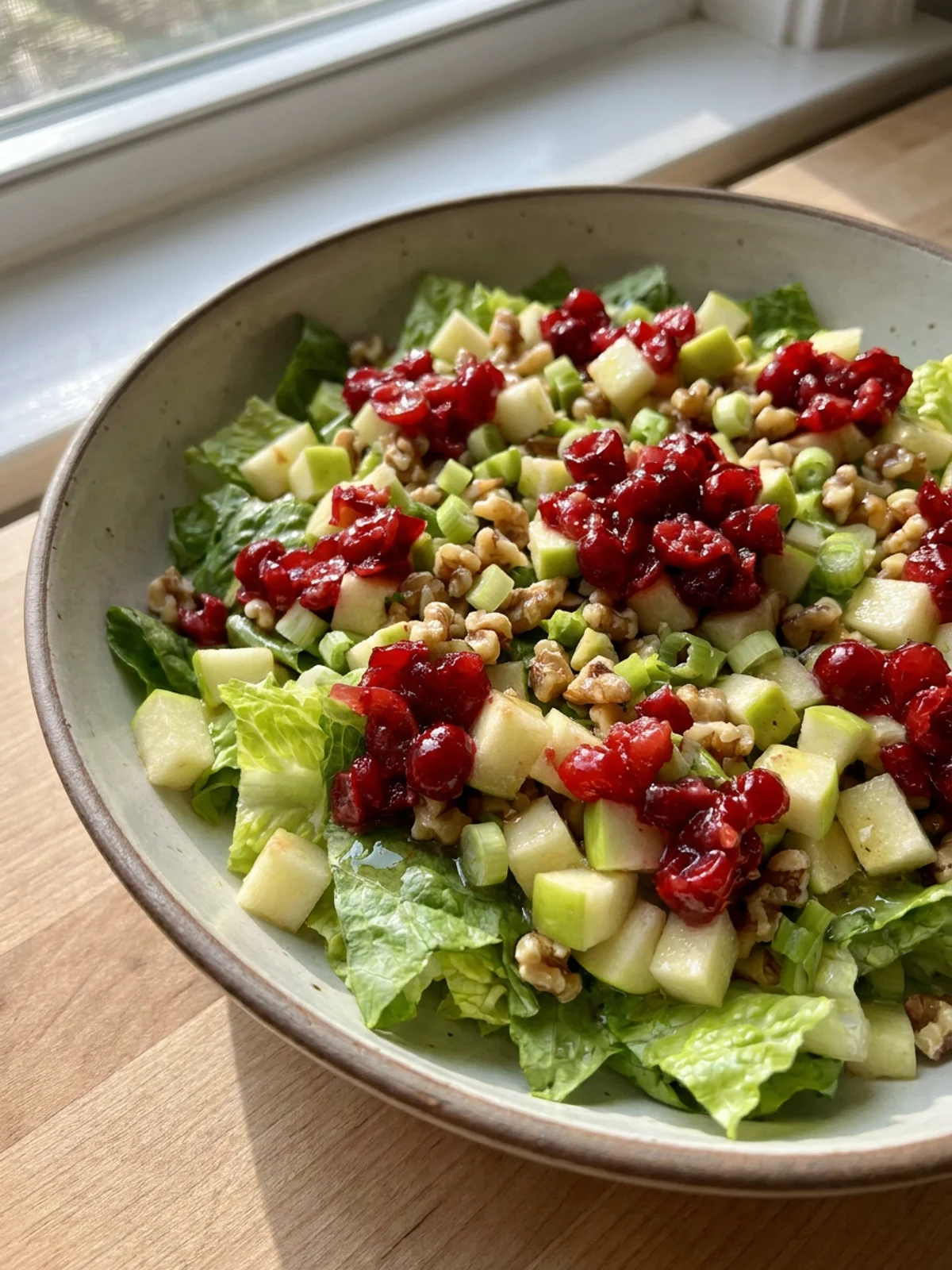 A close-up of a serving of Thanksgiving salad showing the layers of lettuce, apples, and cranberries.