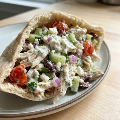 A hand holding a pita bread filled with creamy tzatziki chicken salad.