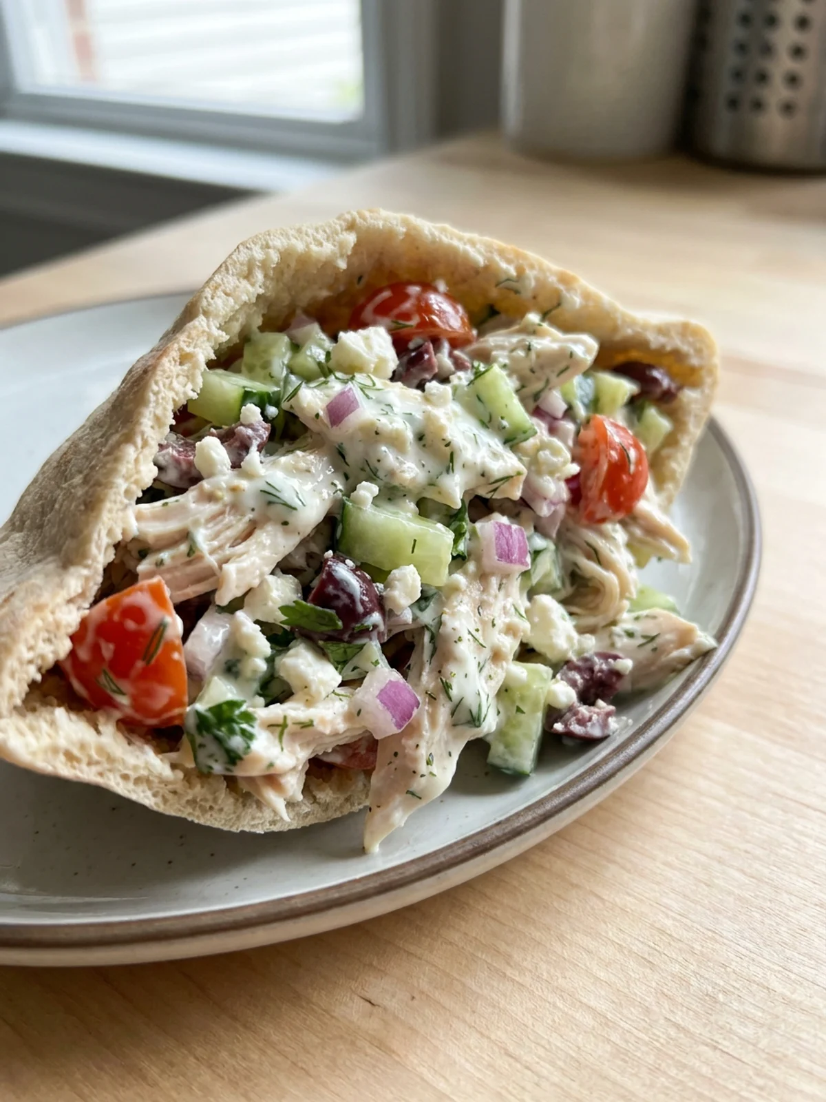 A hand holding a pita bread filled with creamy tzatziki chicken salad.