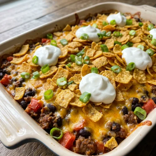 A close-up of a slice of walking taco casserole showing the distinct layers.