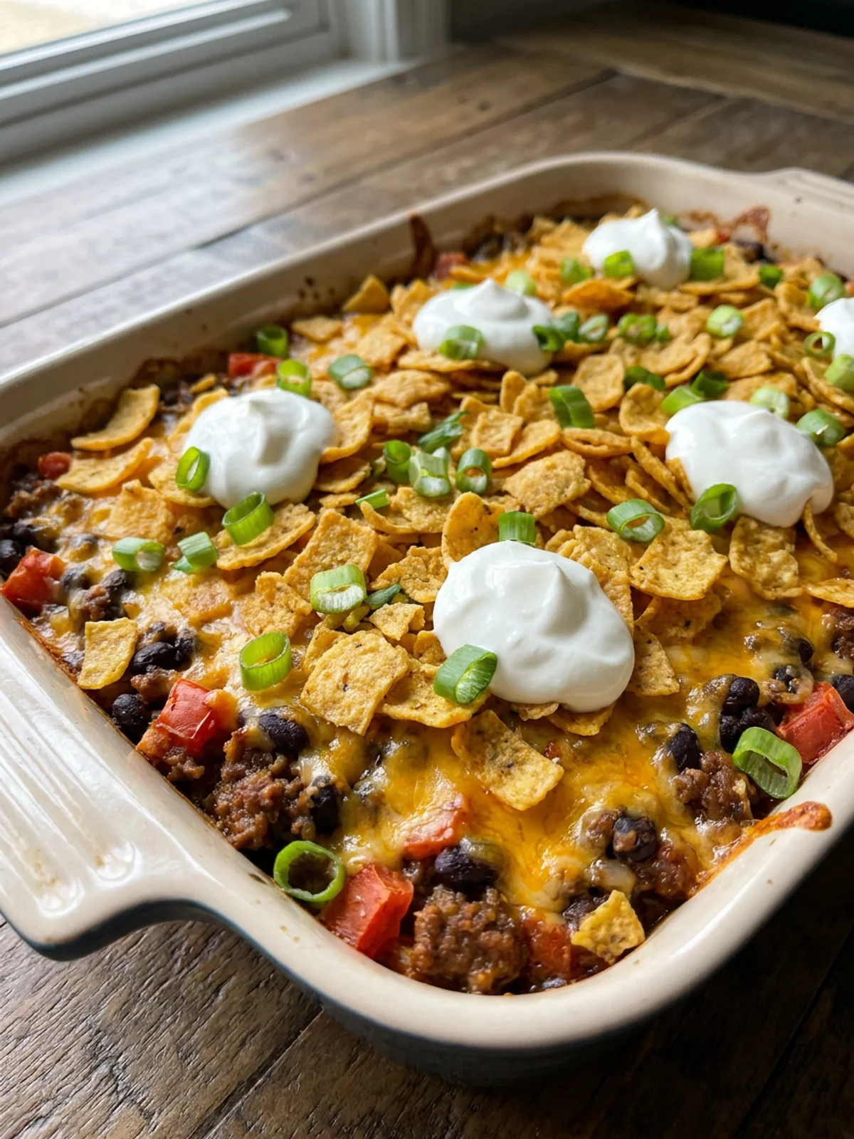 A close-up of a slice of walking taco casserole showing the distinct layers.