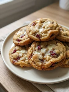 Cookie dough with cranberries and white chocolate chips being mixed in a bowl.