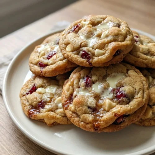 Cookie dough with cranberries and white chocolate chips being mixed in a bowl.